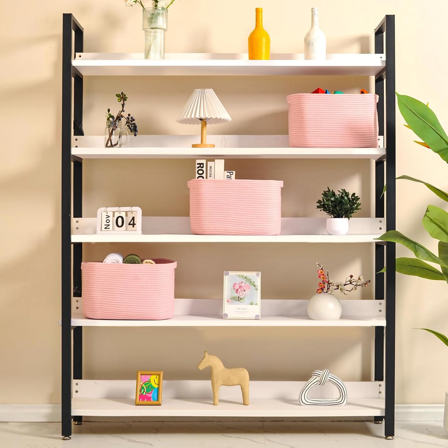 Storage Baskets for Organizing Shelves, Pink Basket for Nursery, Woven Cotton Rope Baskets for