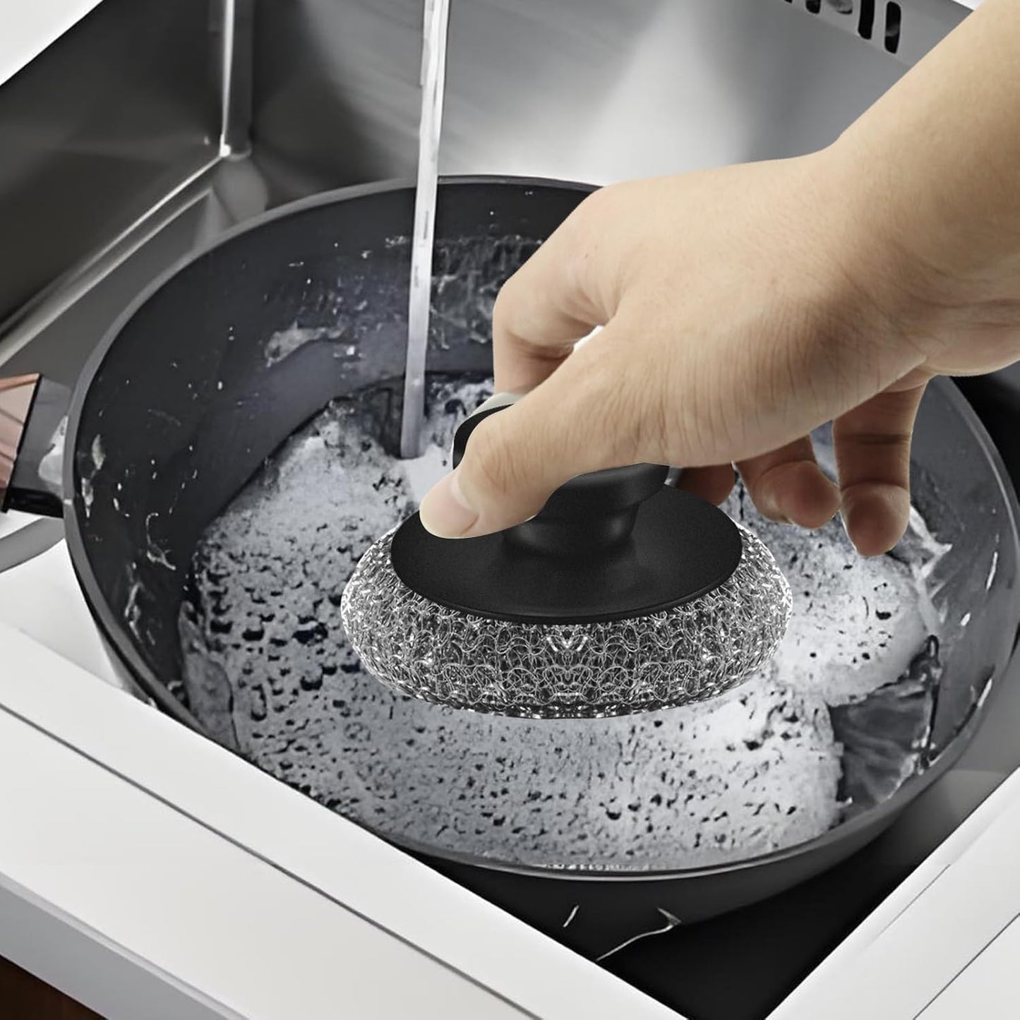 Scrubber with Handle Comes with Three Replacement Balls Steel Wool, Short Handle Scrubber, Steel