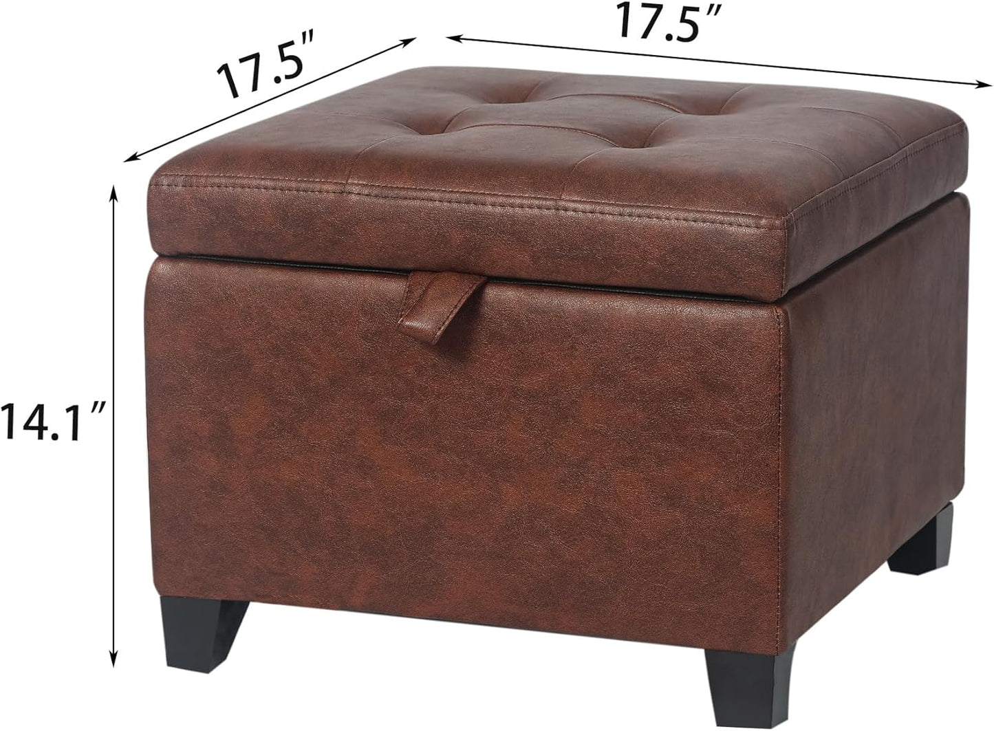 Adeco Faux Leather Storage Ottoman Bench with Wood Legs, 17.7" Square Red and Brown PU Cube Foot