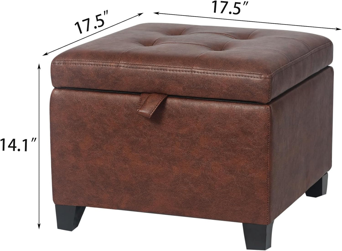 Adeco Faux Leather Storage Ottoman Bench with Wood Legs, 17.7" Square Red and Brown PU Cube Foot
