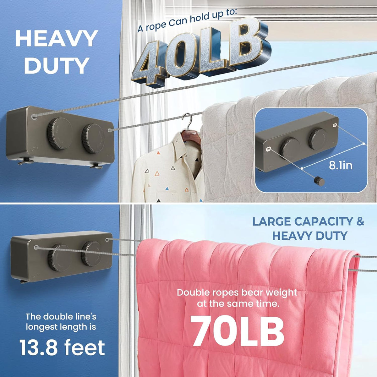 Retractable Clothesline Indoor Outside Heavy-Duty, Upgrade 304 Double Stainless Steel Shower Room