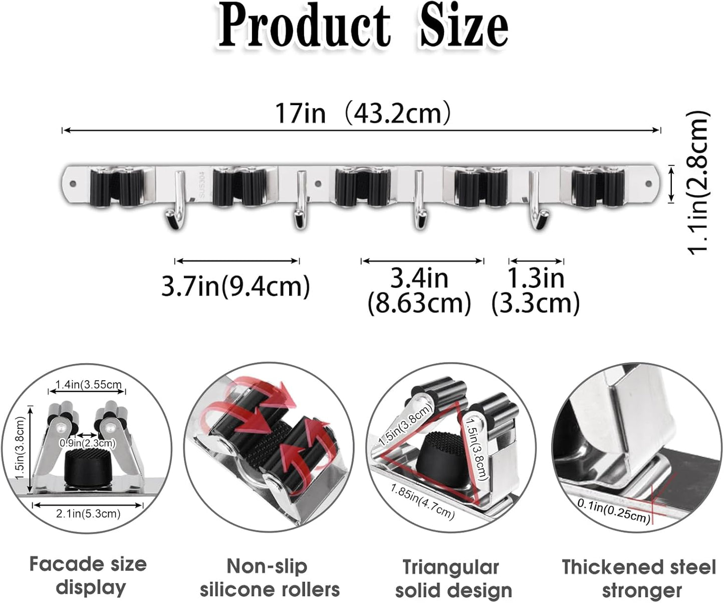 2 Pack Mop and Broom Holder Wall Mount, 5 Racks and 4 Hooks Broom Organizer Storage Tool Racks