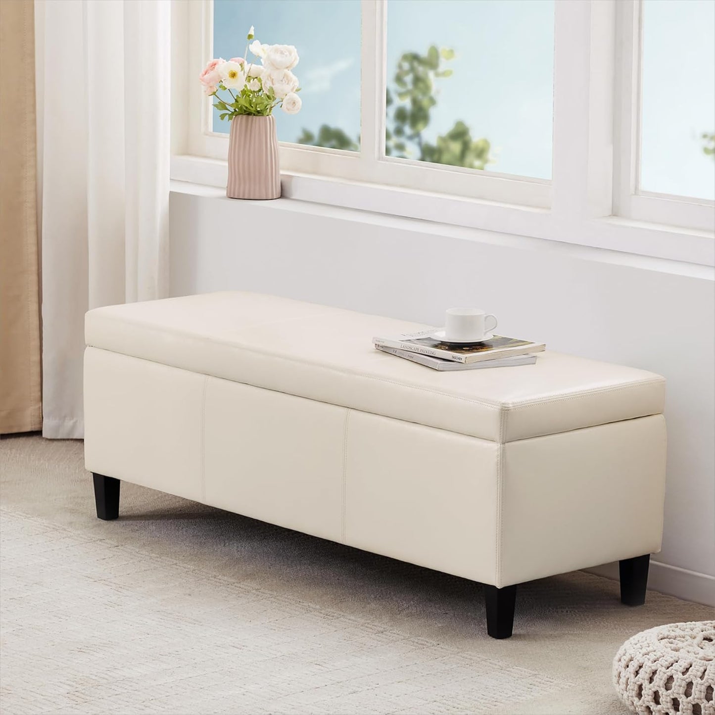 HUIMO Faux Leather Storage Ottoman Bench 50.3 inch Extra Long Upholstered Bedroom Bench with Large
