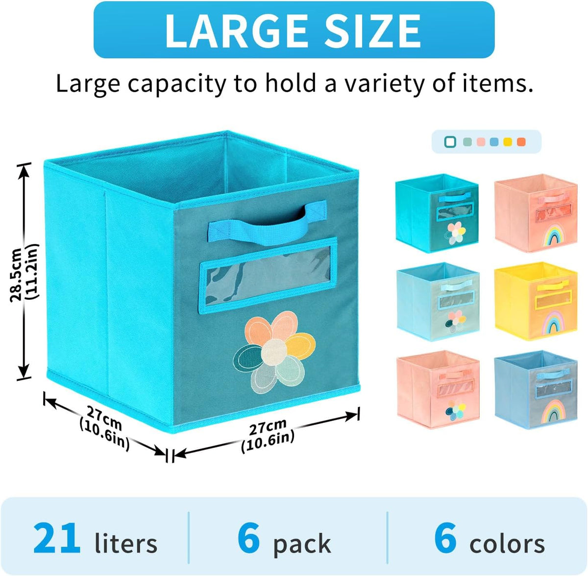 Cube Storage Bins, 6 Pack 11 Inch Fabric Storage Bins with Handle and Label Window, Foldable