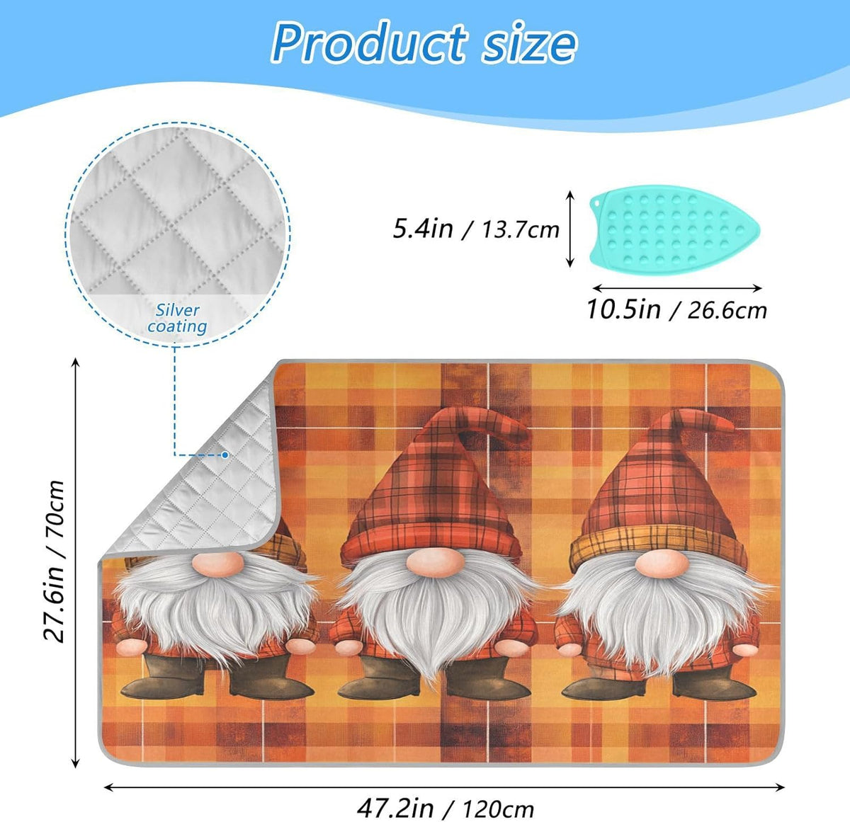 Orange Plaid Thanksgiving Gnomes Ironing Mat Thickened Ironing Blanket Travel Portable Double-Side