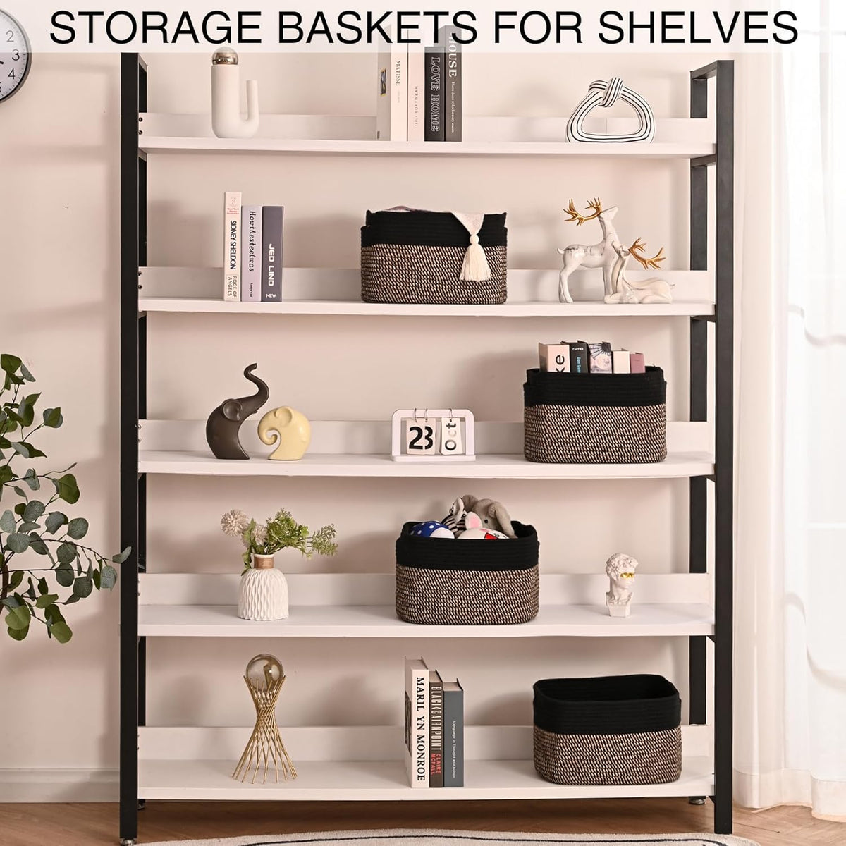 Small Storage Baskets for Organizing Shelves, Cotton Rope Basket for Storage, Cute Rectangular Book