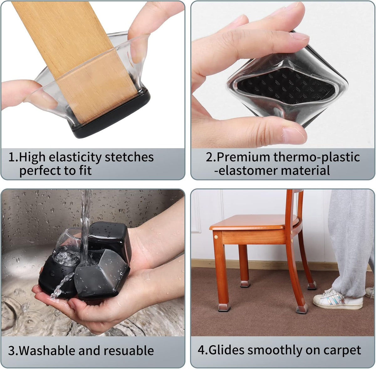Ezprotekt 24 Pcs Large Clear Chair Leg Sliders for Carpet, Square Teflon Furniture Glides Pads Caps