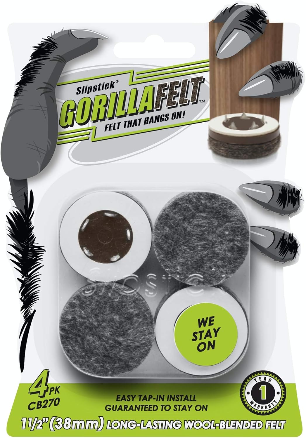 GorillaFelt CB270 Furniture Feet Floor Protectors/Felt Glides (Set of 4) Tap On Felt Furniture Pads
