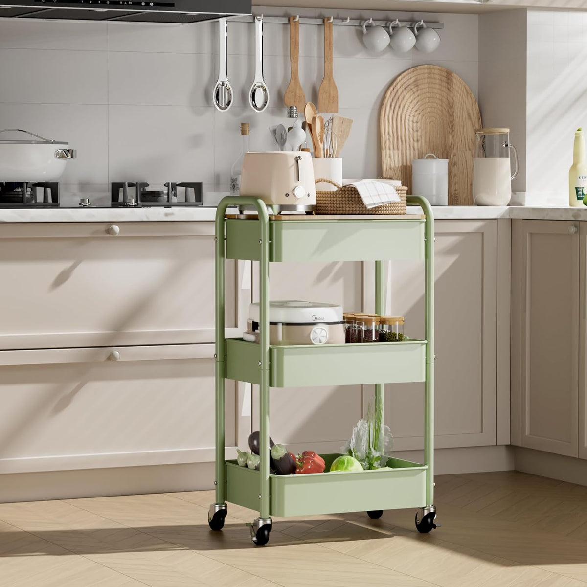 3 Tier Rolling Cart with Table top, Metal Rolling Utility Cart, Sturdy Storage Organizer Cart with