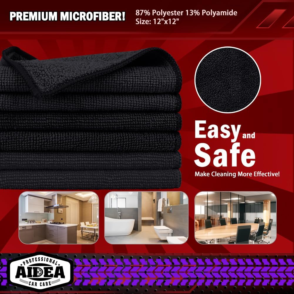 AIDEA Microfiber Cleaning Cloth Black 10PK, Microfiber Towels for Cars, Premium Wash Cloths