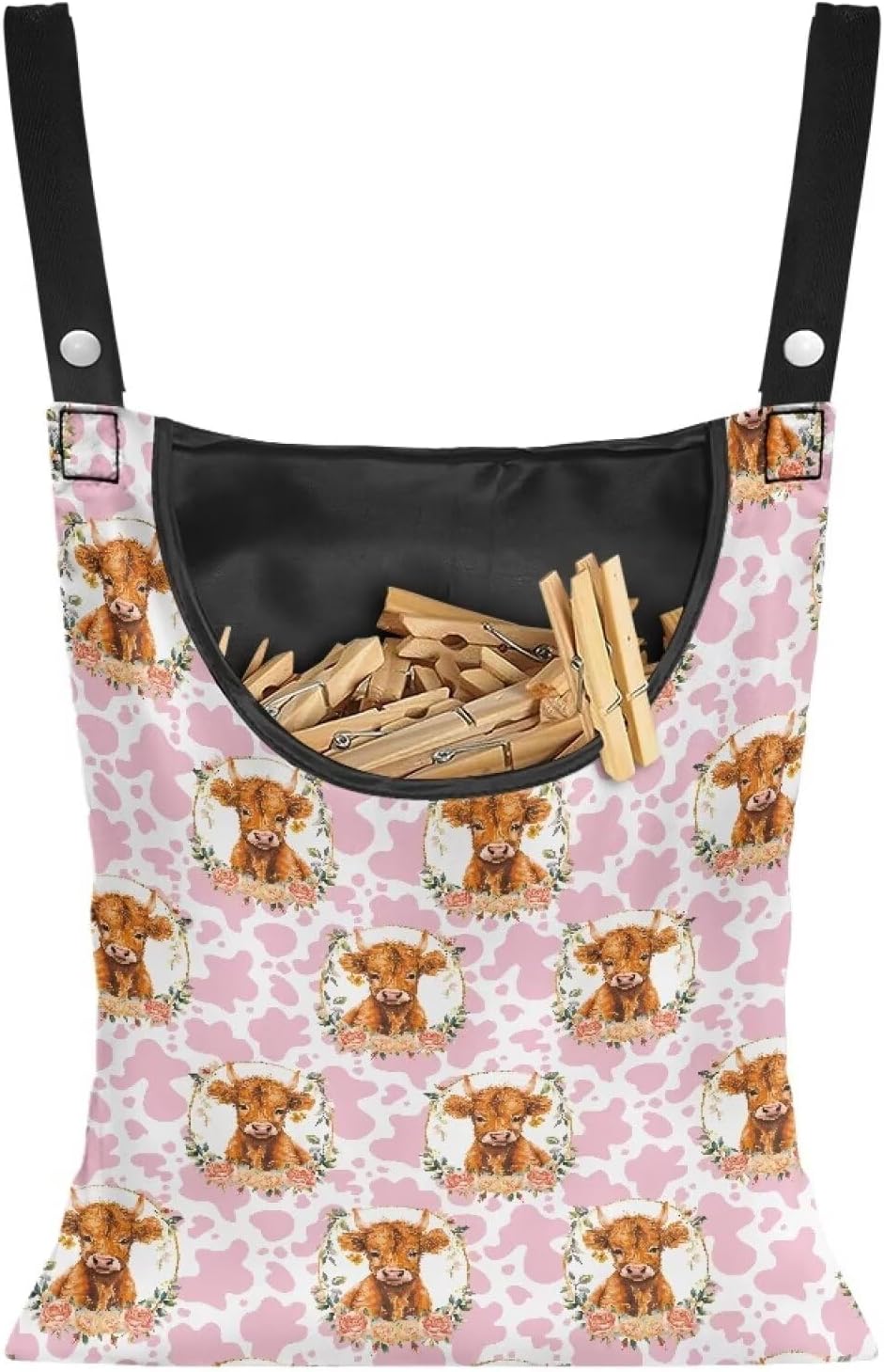 Cattle Clothespin Bags with Hanging Rope Pink Cow Print 14.5 x 12 Inch Summer Waterproof Laundry