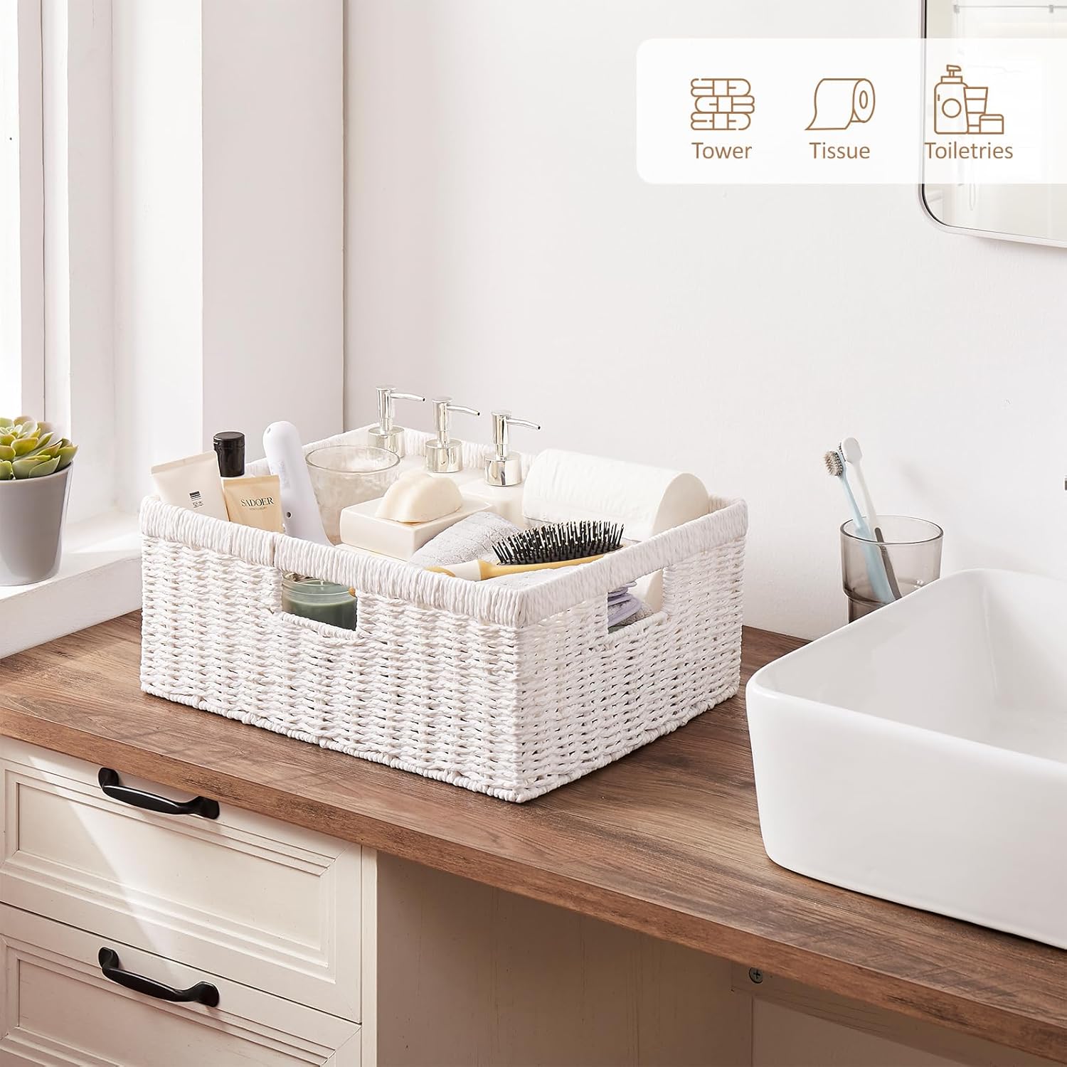 OIAHOMY Wicker Basket, Paper Shelf Basket with Built-in Handles, Rectangular Wicker Storage Bin for
