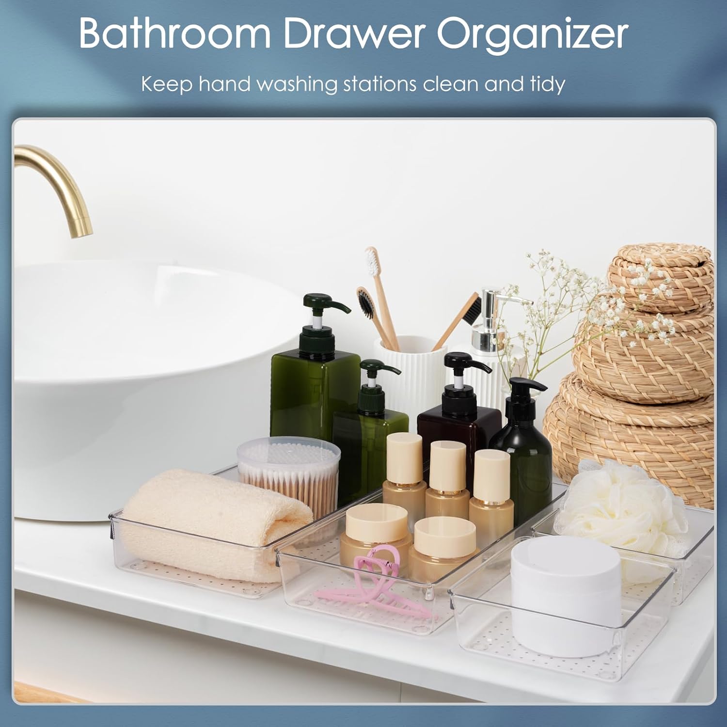 12 Pack Large Clear Plastic Drawer Organizer Set, Acrylic Bathroom Organizer Vanity Trays Dividers