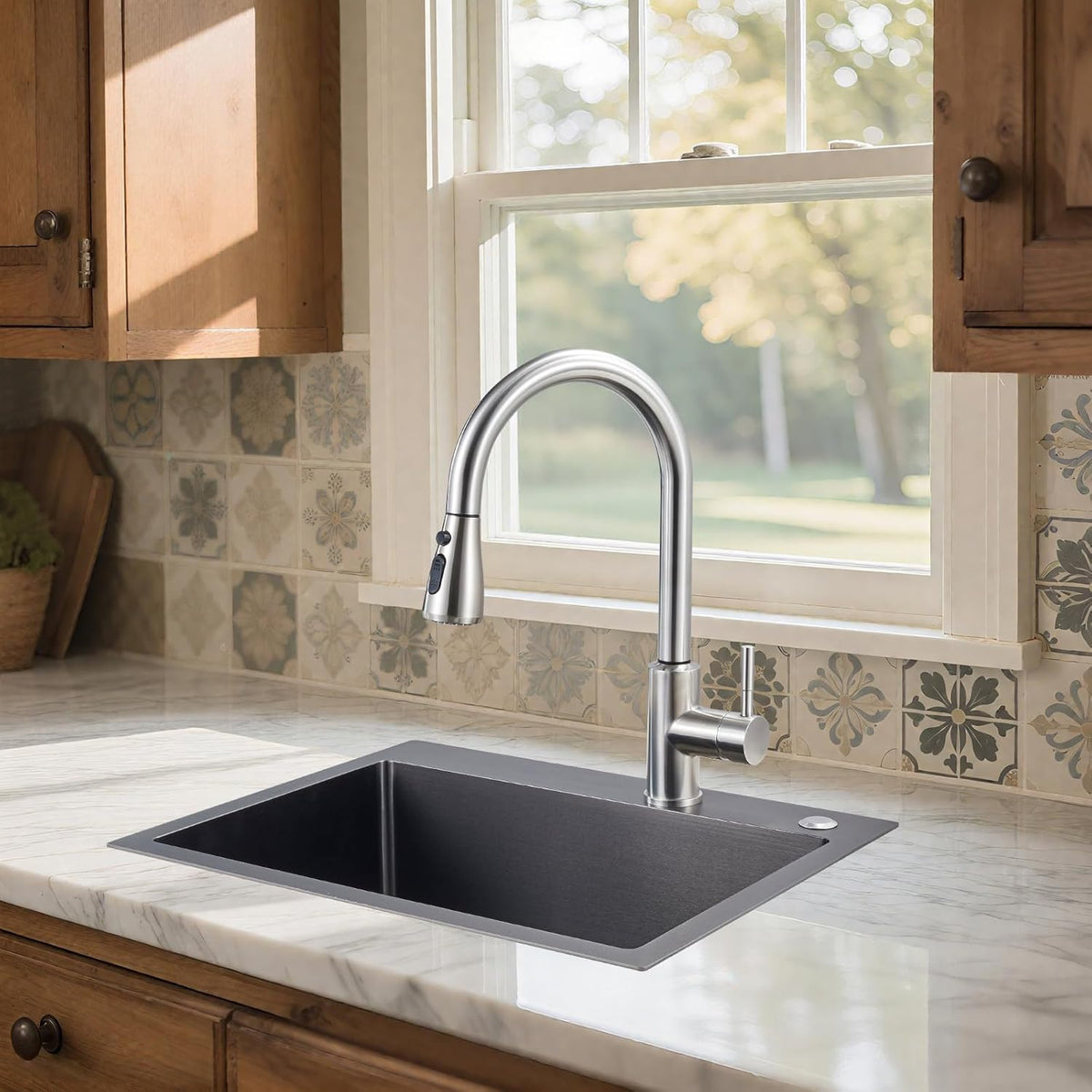 25x18x9 Inch Drop in Kitchen Sink, Handmade 304 Black Stainless Steel Single Bowl, Topmount with 2