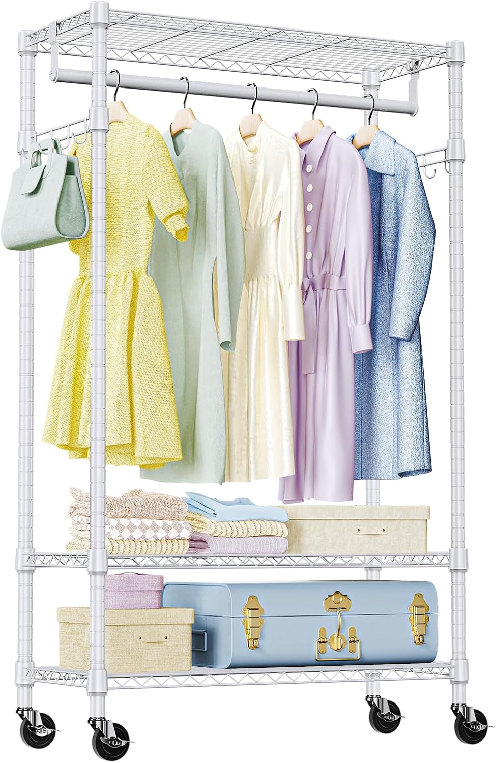 IZEUK Heavy Duty Rolling Garment Rack with 3 Adjustable Wire Shelves, Hanging Rod & Side Hooks
