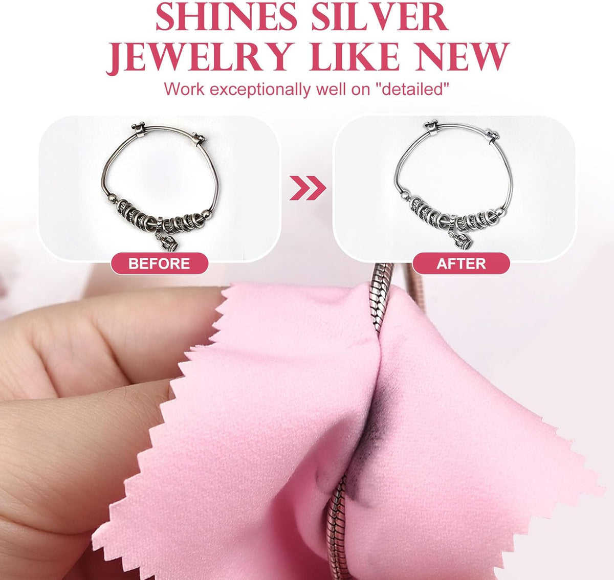 SEVENWELL 50pcs Jewelry Cleaning Cloth Pink Polishing Cloth for Sterling Silver Gold Platinum Small