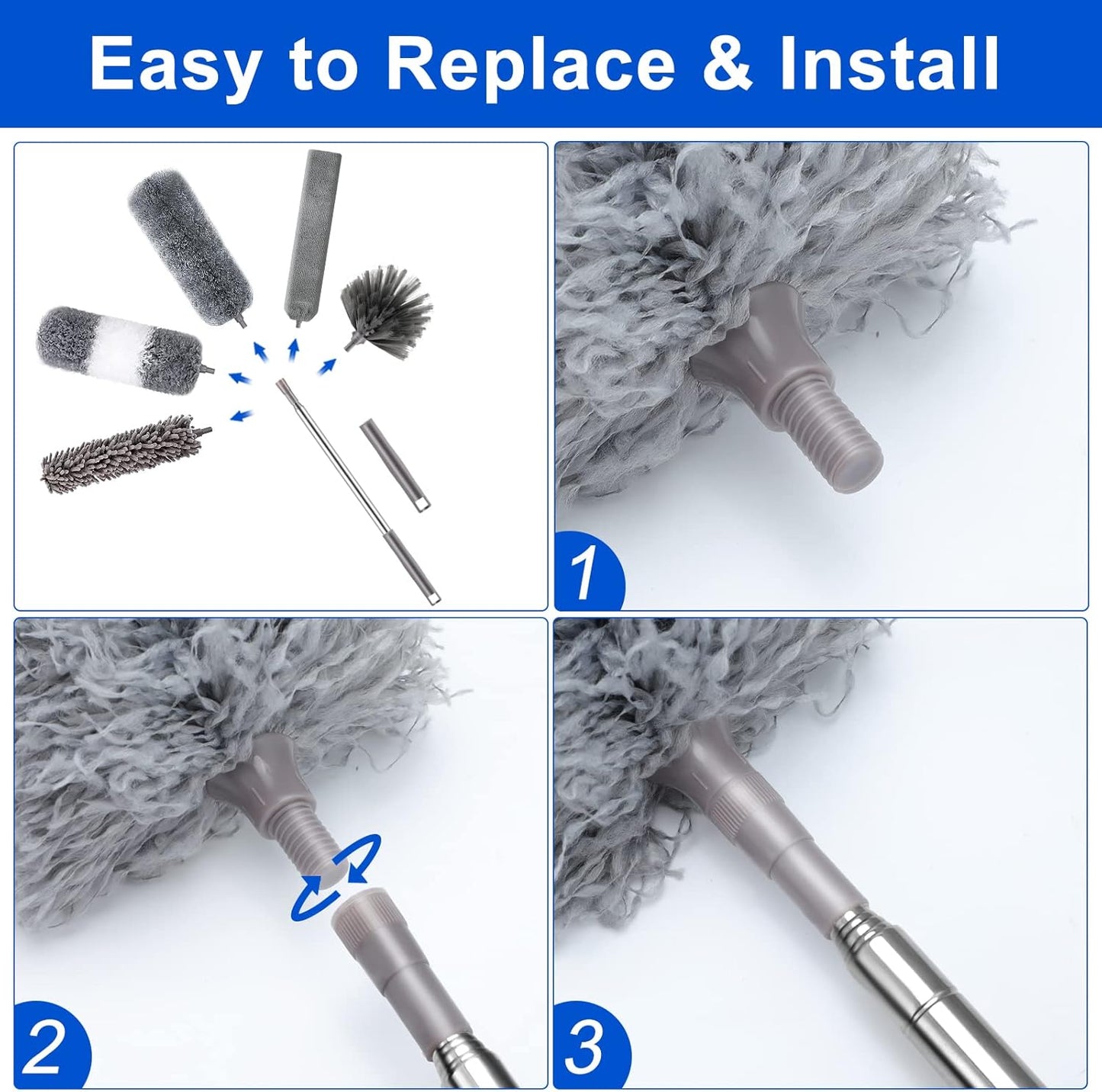 Microfiber Duster Kit (11PCS) - Washable Dusters with Extension Pole (30 to 100 in) for Cleaning
