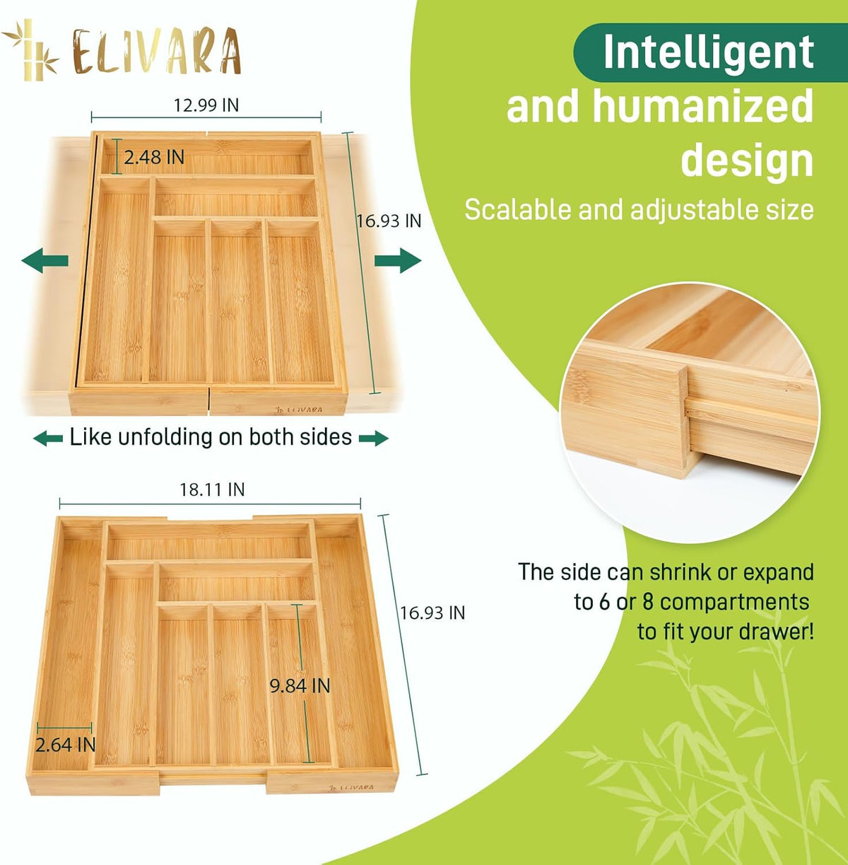 100% Bamboo Expandable Drawer Organizer - Adjustable Utensil and Cutlery Tray for Kitchen, Office