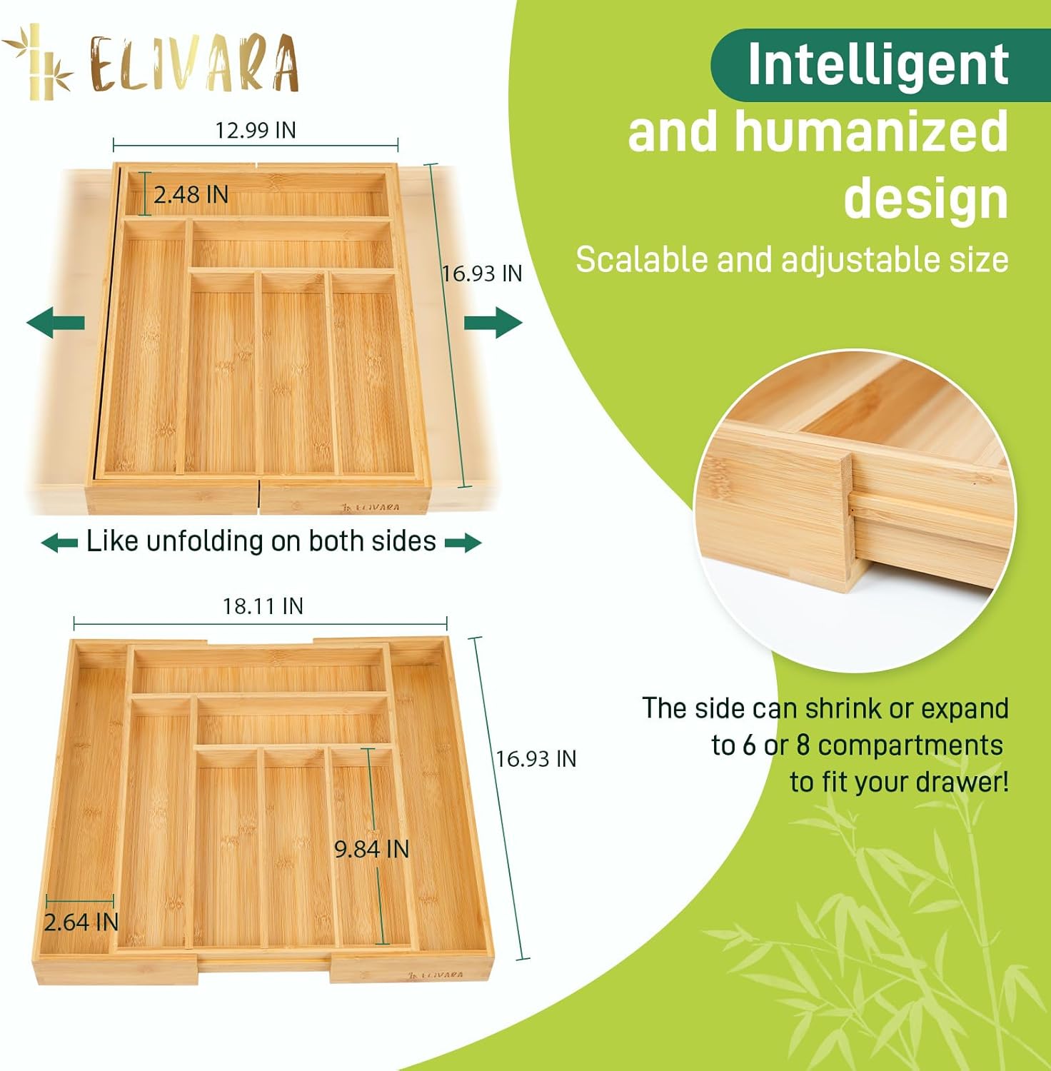 100% Bamboo Expandable Drawer Organizer - Adjustable Utensil and Cutlery Tray for Kitchen, Office