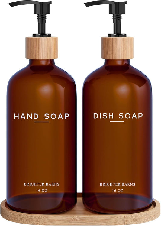 Amber Glass Hand and Dish Soap Dispenser Set by Brighter Barns - Kitchen Soap Dispenser Set with