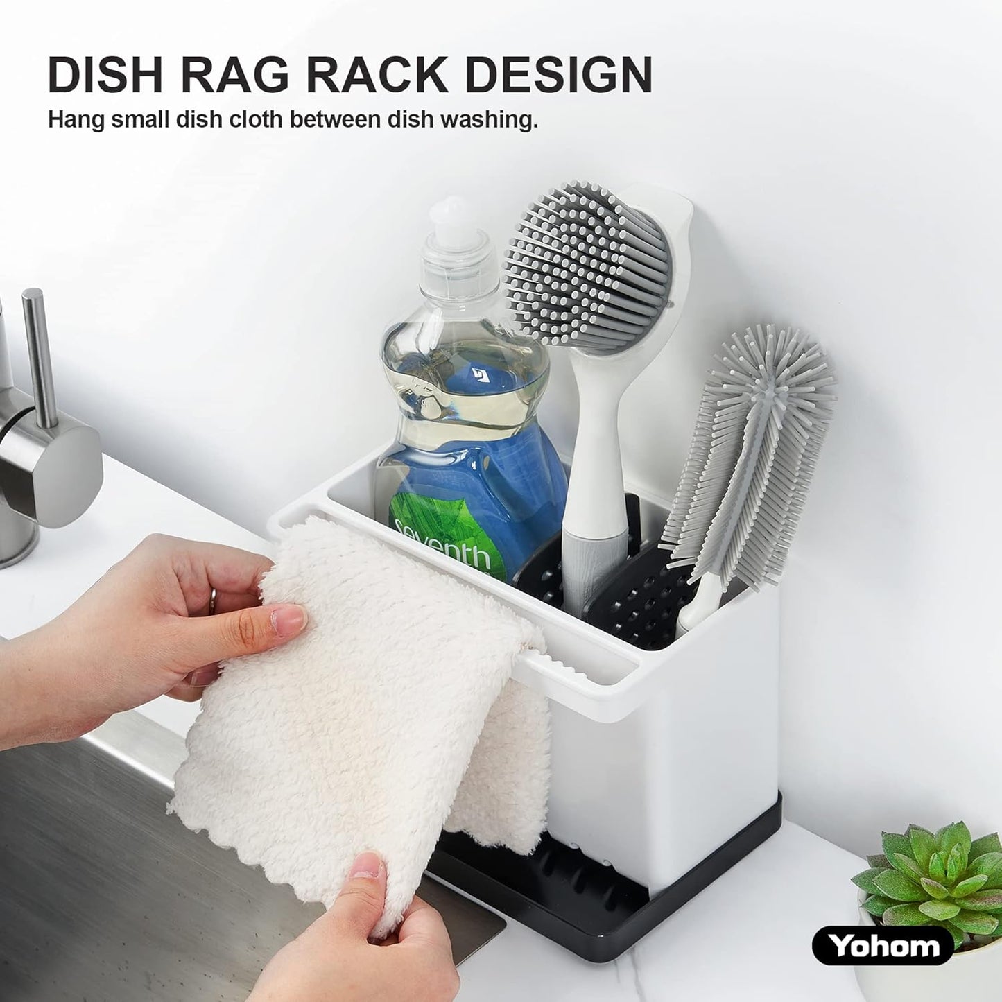 YOHOM Kitchen Sponge Brush Holder for Sink Black Dish Sponge Caddy Countertop Organizer Plastic