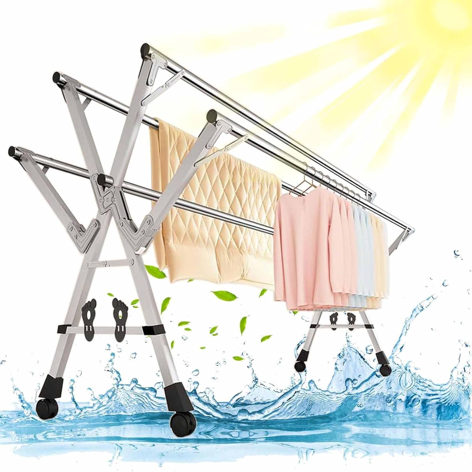 5Poles Clothes Drying Rack,Stainless Steel Laundry Rack with Wheels, Blanket Rack Clothesline