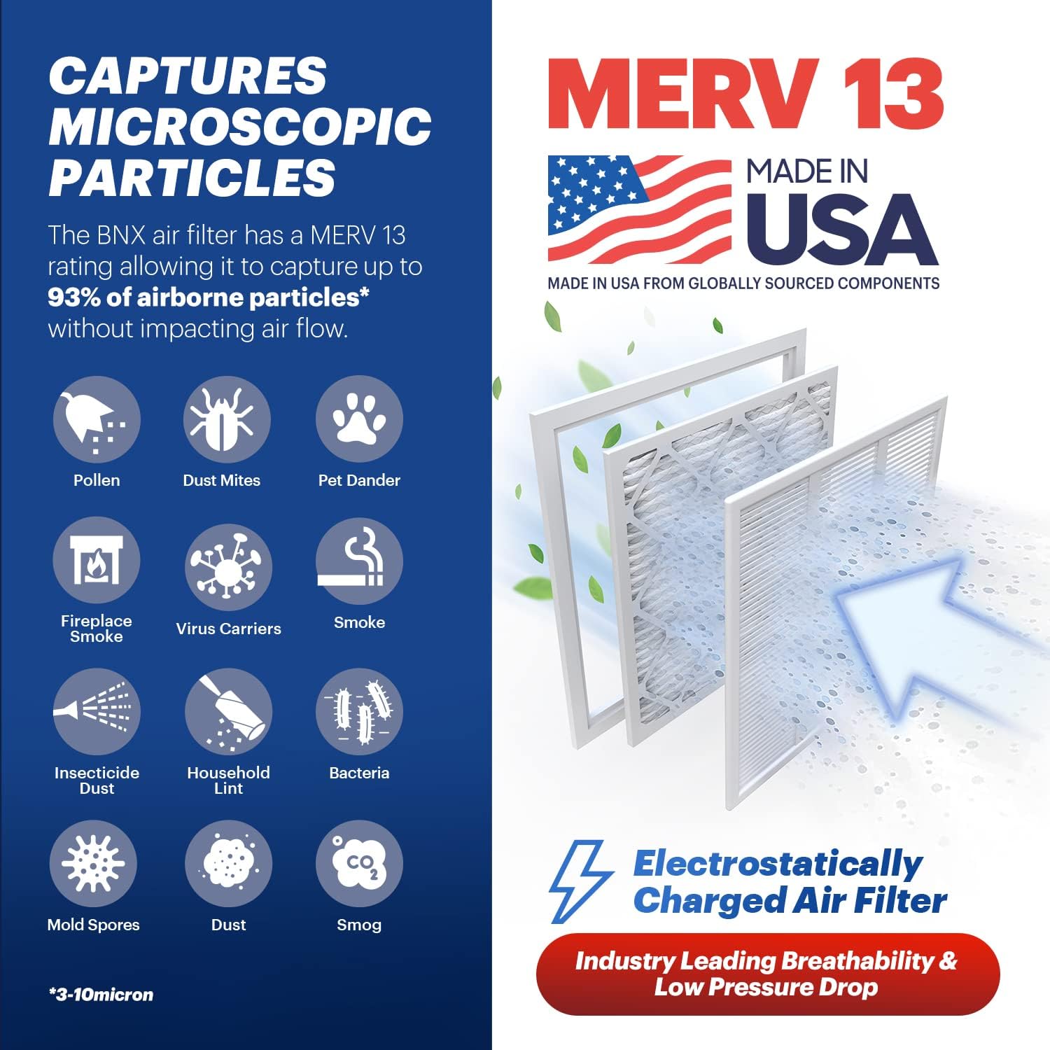 BNX TruFilter 16x16x1 Air Filter MERV 13 (6-Pack) - MADE IN USA - Electrostatic Pleated Air