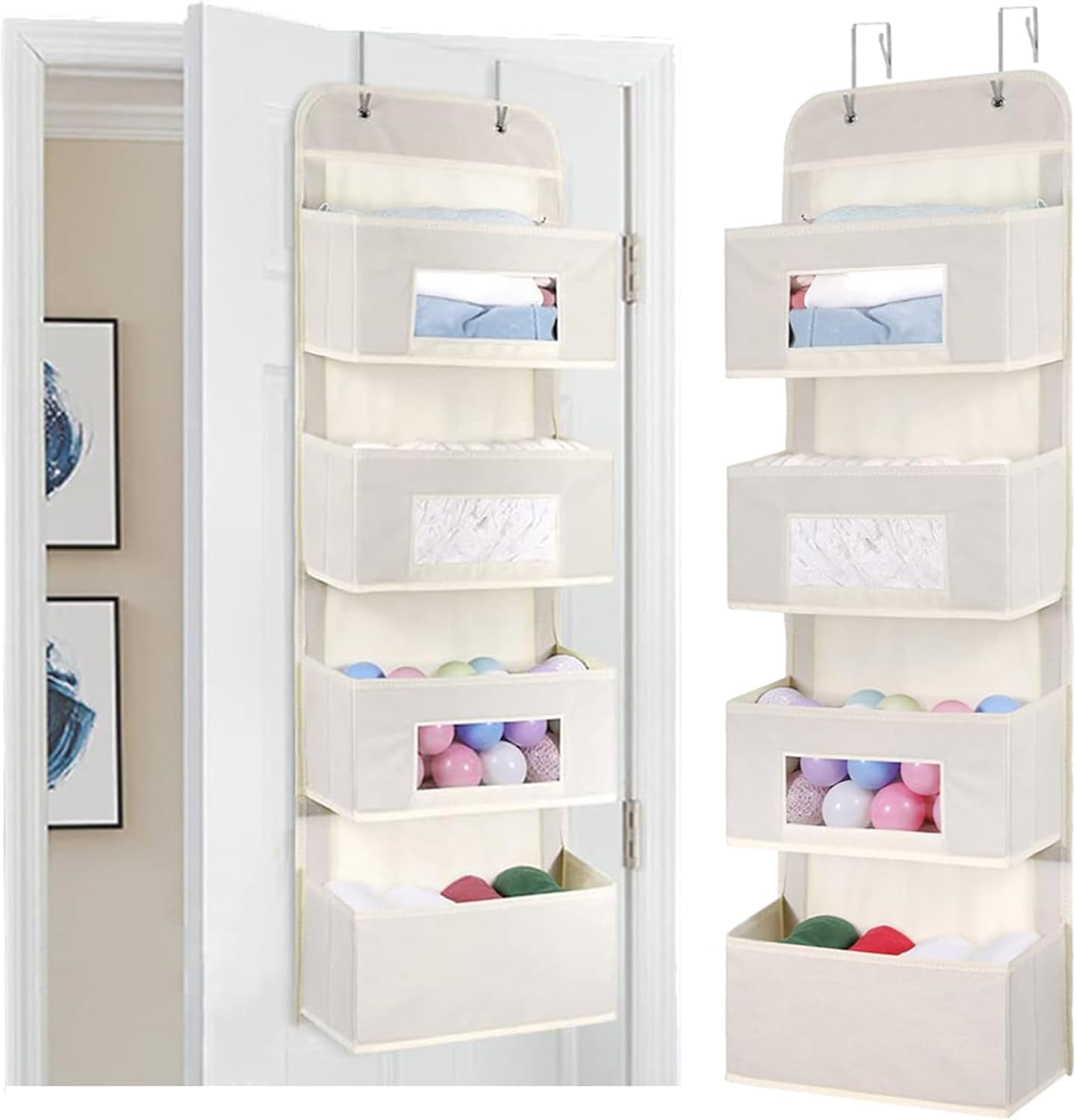 MAX Houser 4-Shelf Over The Door Hanging Organizer with 2 Metal Hooks, 4 Pocket Swing-Proof Behind