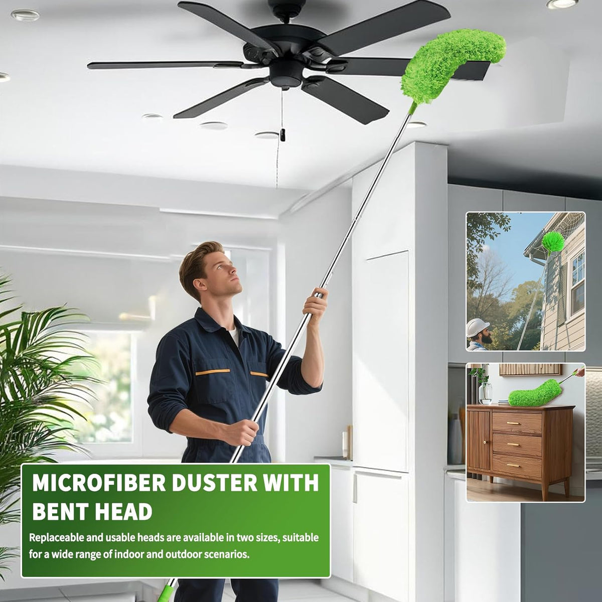 Cobweb Duster with Extension Pole, Washable Cleaning Duster Set with 2 Duster Heads, Corner Brush