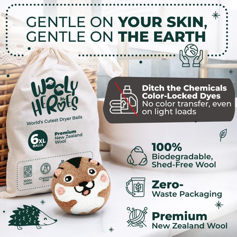 No More Dryer Sheets! Reusable Wool Dryer Balls XL 6-Pack - Reduces Static, Cuts Dry Time, &