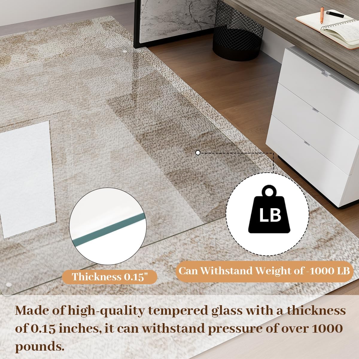 Tempered Glass Floor Mat for Office Chair, 36" x 46" Heavy Duty Hard Office Chair Mat, for Carpeted