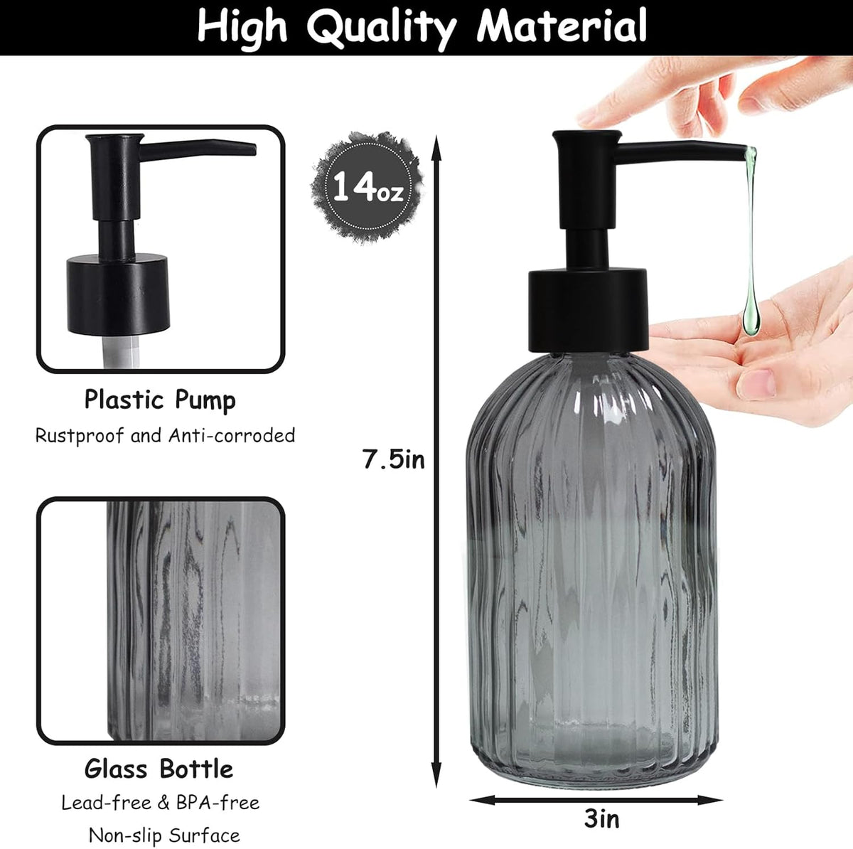 Grey Glass Soap Dispenser with Black Plastic Pump, 13.5oz Refillable Liquid Hand Soap Dispenser