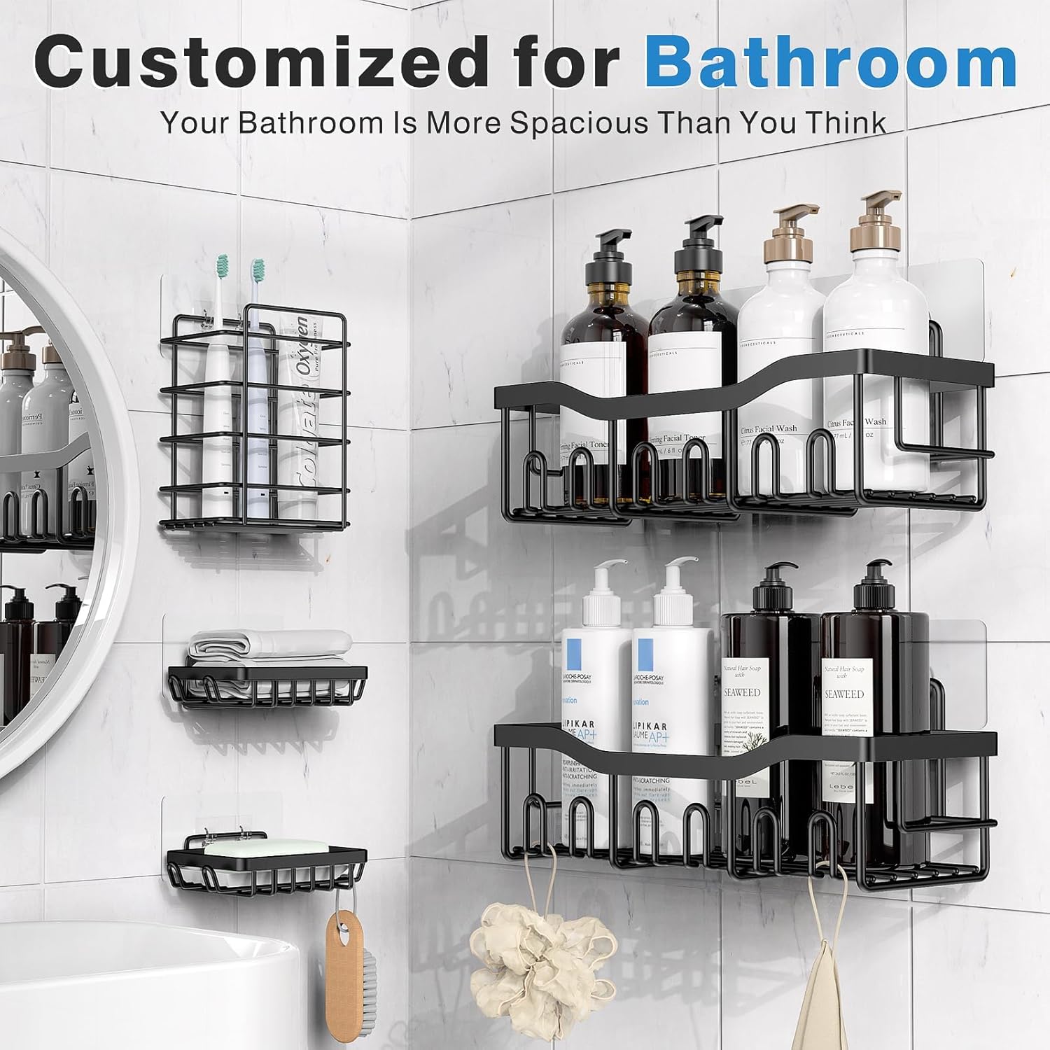 EUDELE Adhesive Shower Caddy, 5 Pack Rustproof Stainless Steel Bath Organizers With Large Capacity