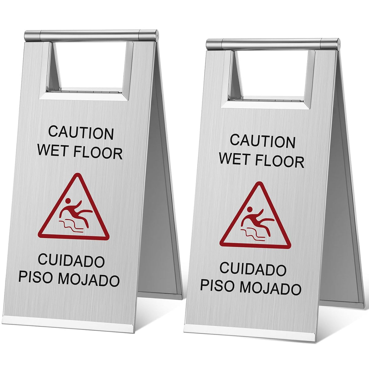 Kigley 2 Pcs Wet Floor Sign, 17 Inch Stainless Steel Caution Wet Floor Sign Double Sided Portable