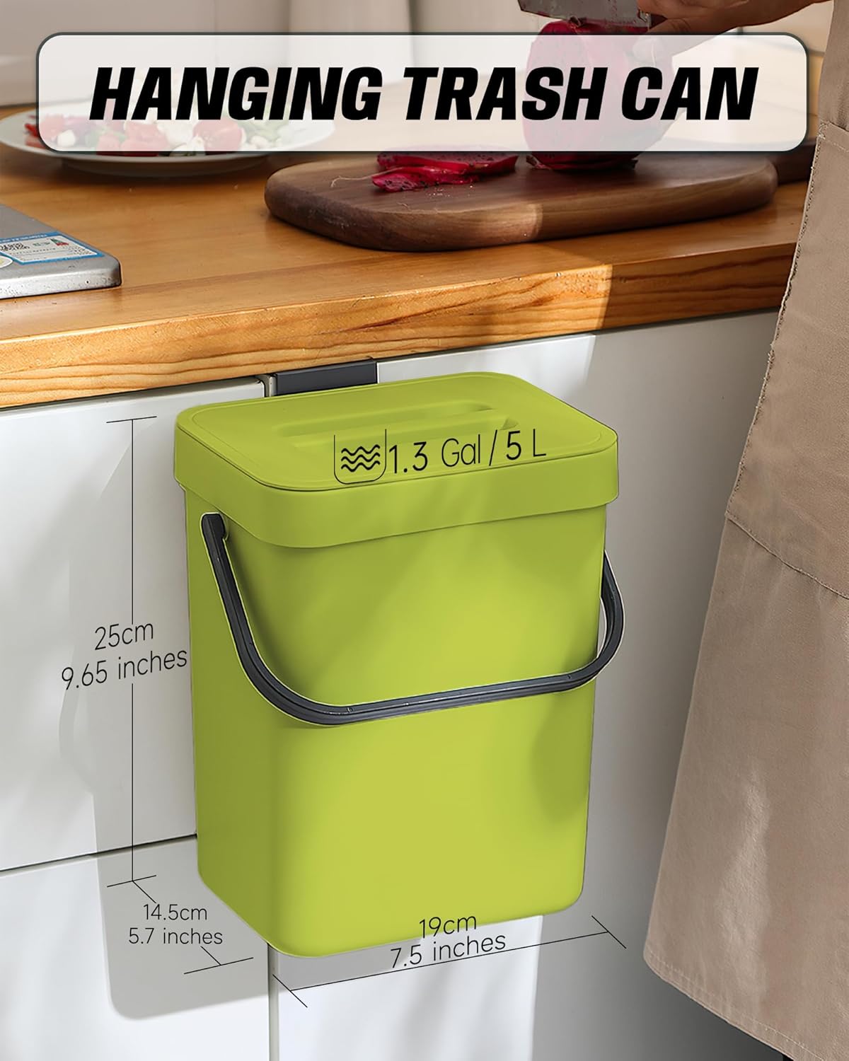 Compost Bin for Kitchen Countertop 5L/1.3 Gal Hanging Small Trash Can with Lid, Kichen Under Sink