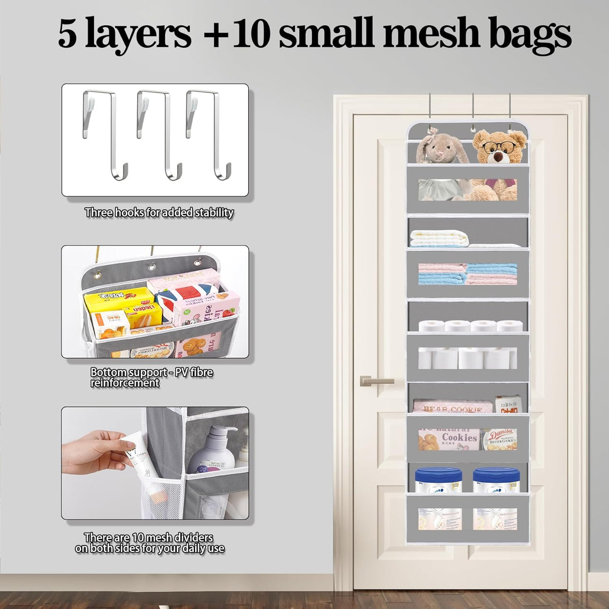 Over The Door Organizer, 5 Shelves Closet Door Hanging Organizer with 10 Mesh Pockets, Nursery