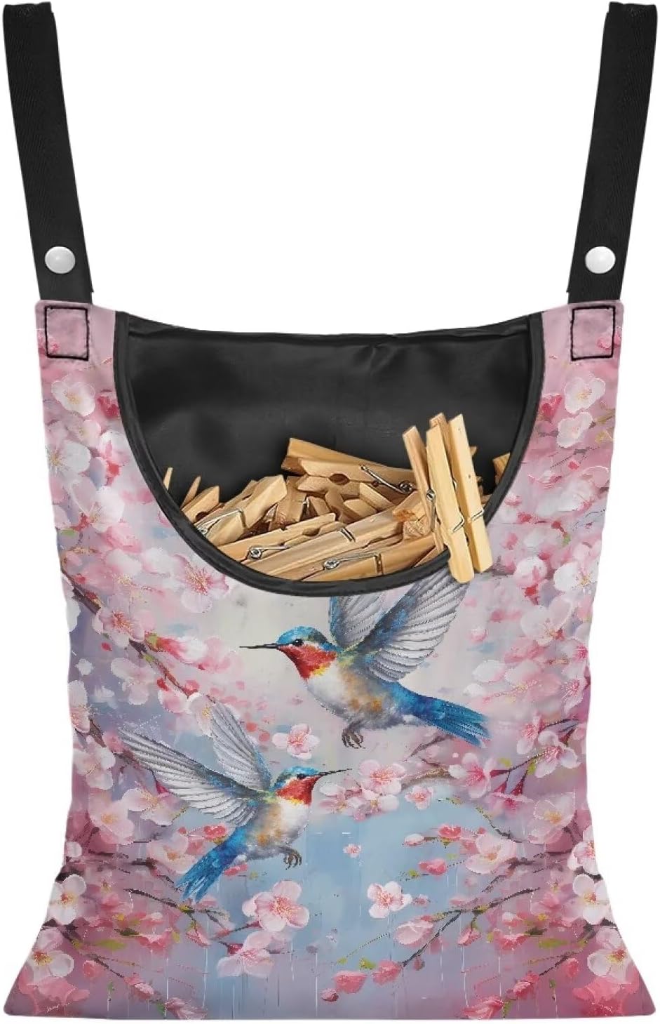 Hummingbird Clothespin Bag with Hanging Hook Cherry Blossom Clothes Pin Holder Waterproof