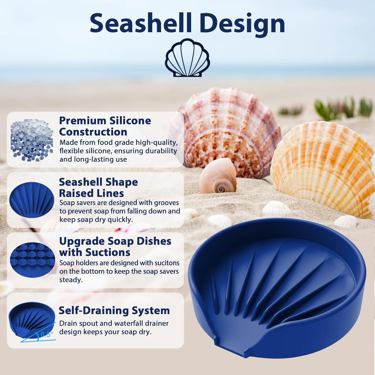 Self Draining Soap Dish, Silicone Suction Cup Soap Holder Tray Savers Container Sponge Holder for