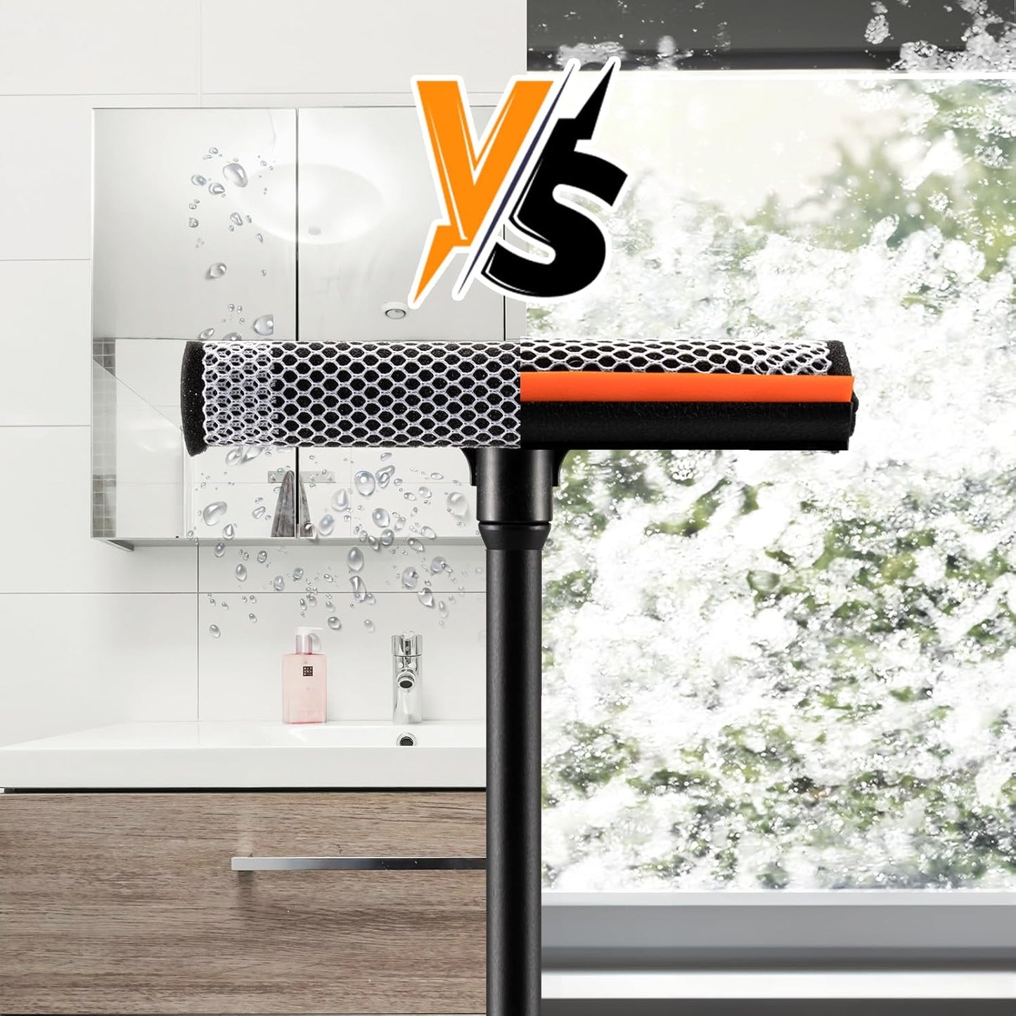 2 in1 Window Squeegee for Car, Window Cleaner with 16inch Long Handle,Sponge Car Window Squeegee