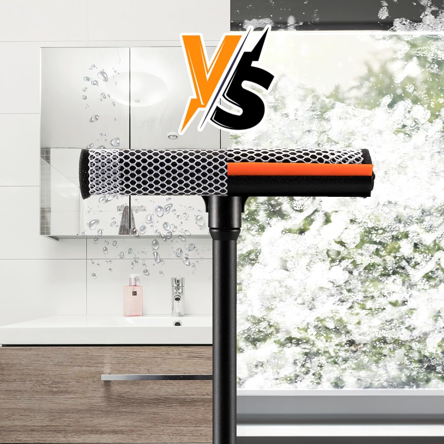 2 in1 Window Squeegee for Car, Window Cleaner with 16inch Long Handle,Sponge Car Window Squeegee