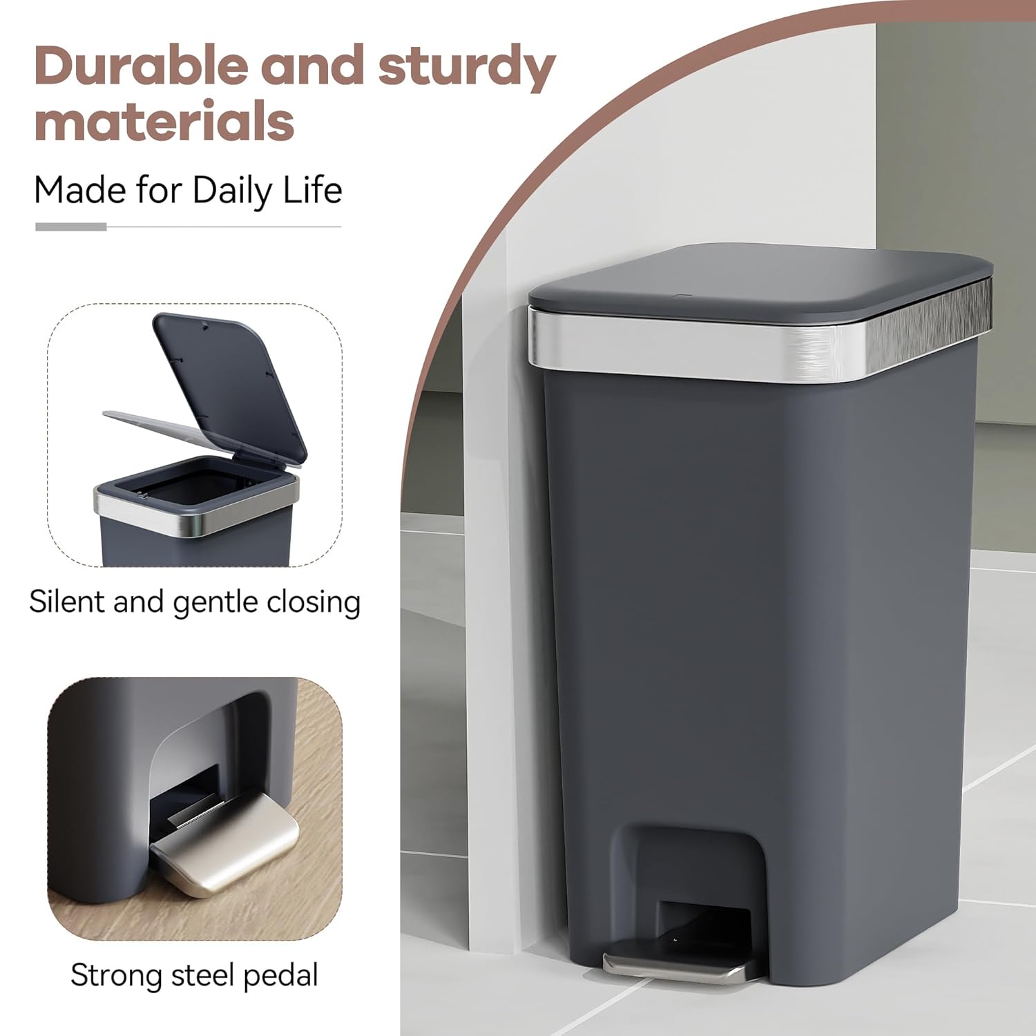 Small Bathroom Trash Can with Lid Soft Close, 10 Liter/2.6 Gallon Slim Garbage Can-Metal Step and