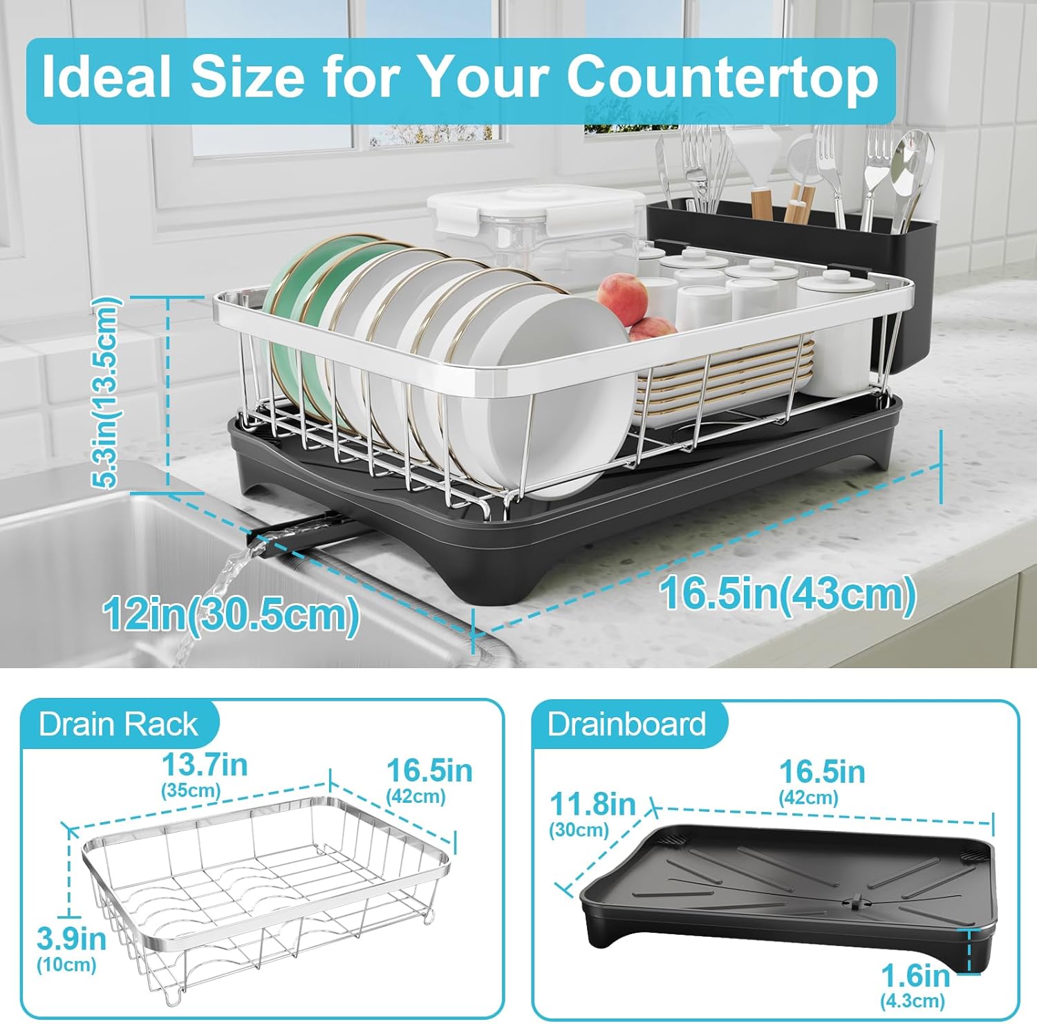 Dish Drying Rack 304 Stainless Steel Dish Rack with Drainboard,Space Spaving Auto-Draining Drying