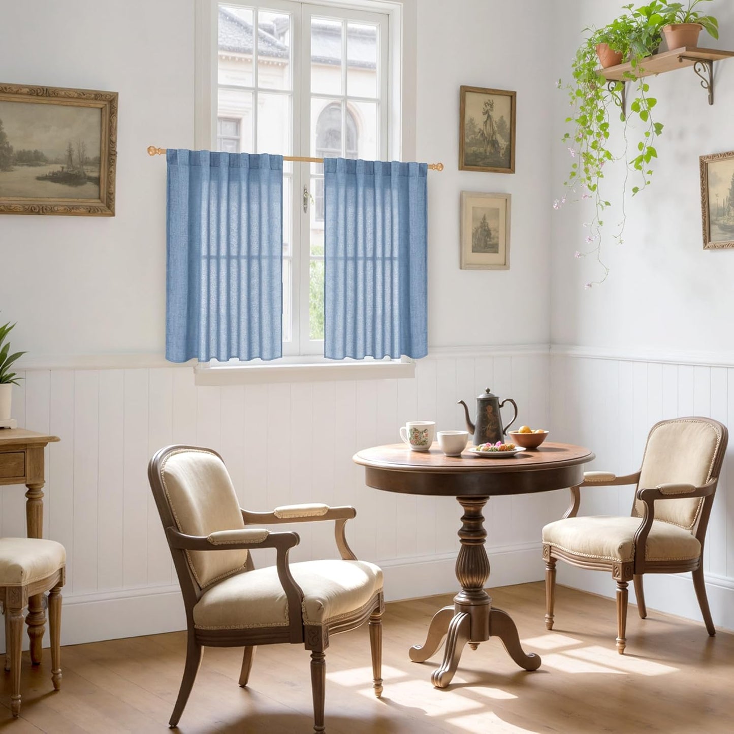 YoungsTex Denim Blue Short Linen Curtains 40 Inch Length for Kitchen Window, Semi Sheer Window