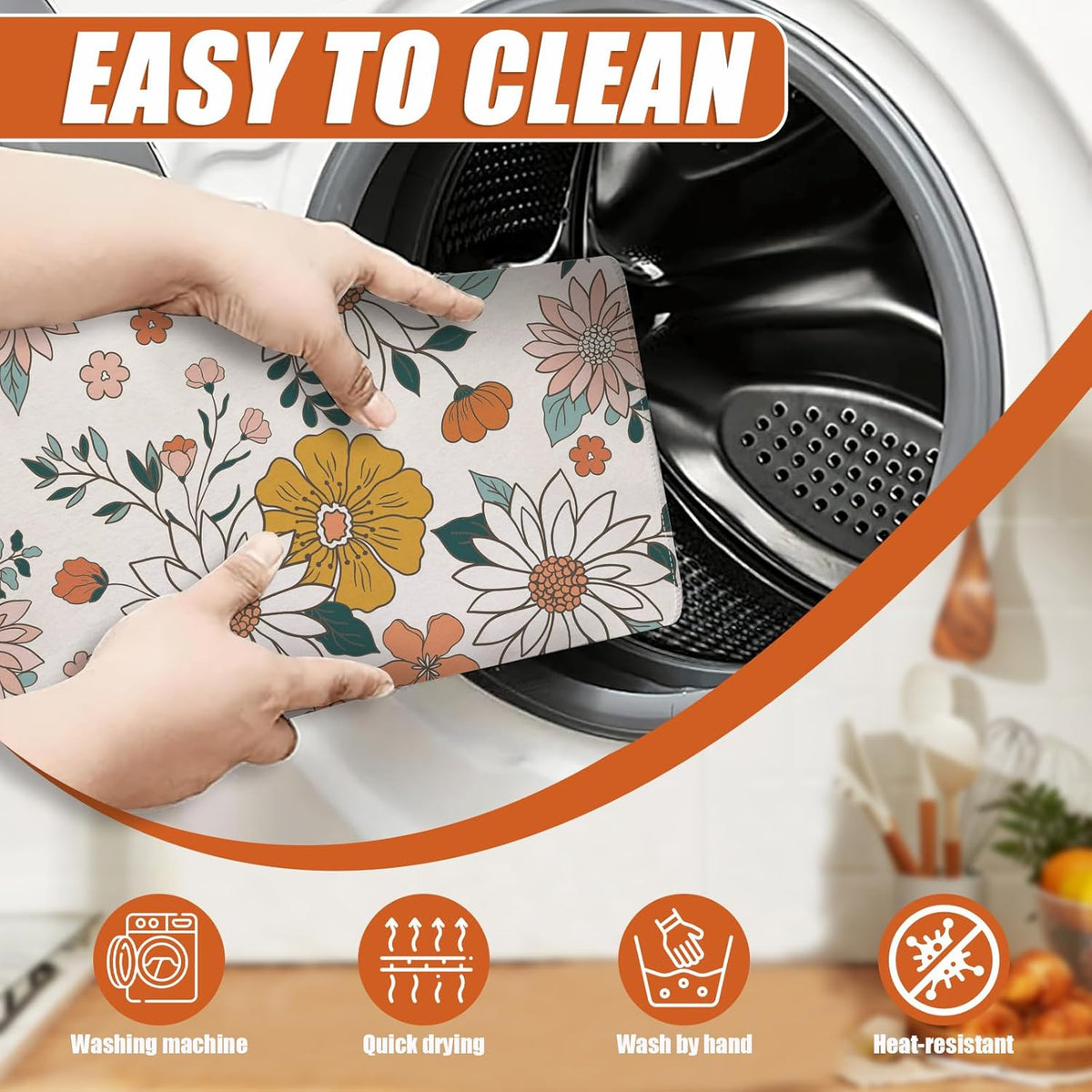 Boho Flower Dish Drying Mat for Kitchen Counter Microfiber Absorbent Dish Kitchen Drying Mat