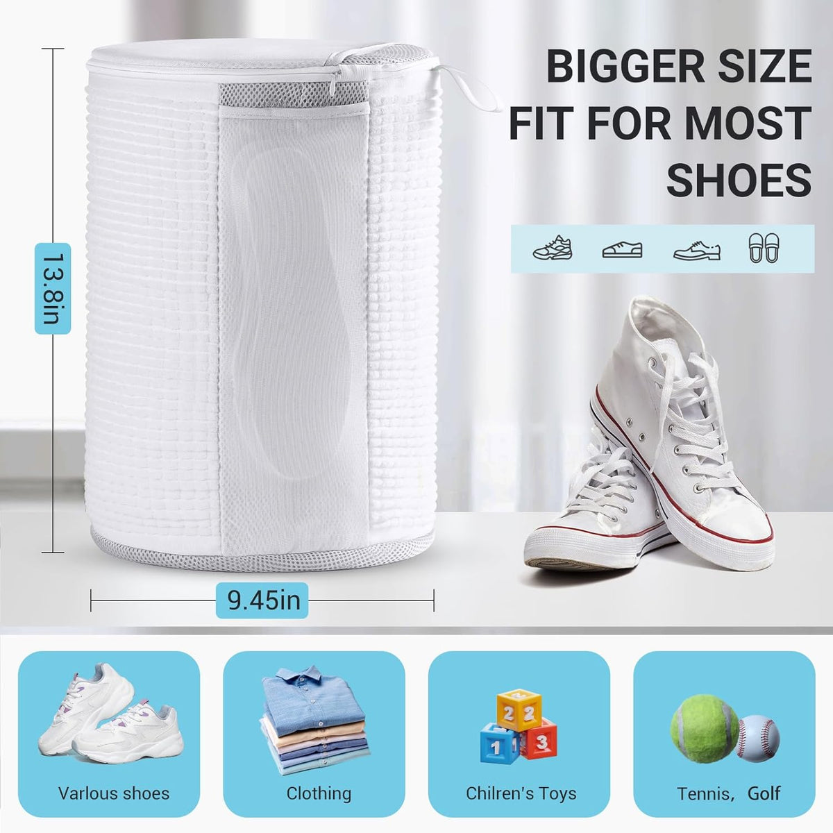 Large Shoe Bag for Washing Machine, Two-Zone Design, 2 Mesh Pockets, One-Step Wash for Complete