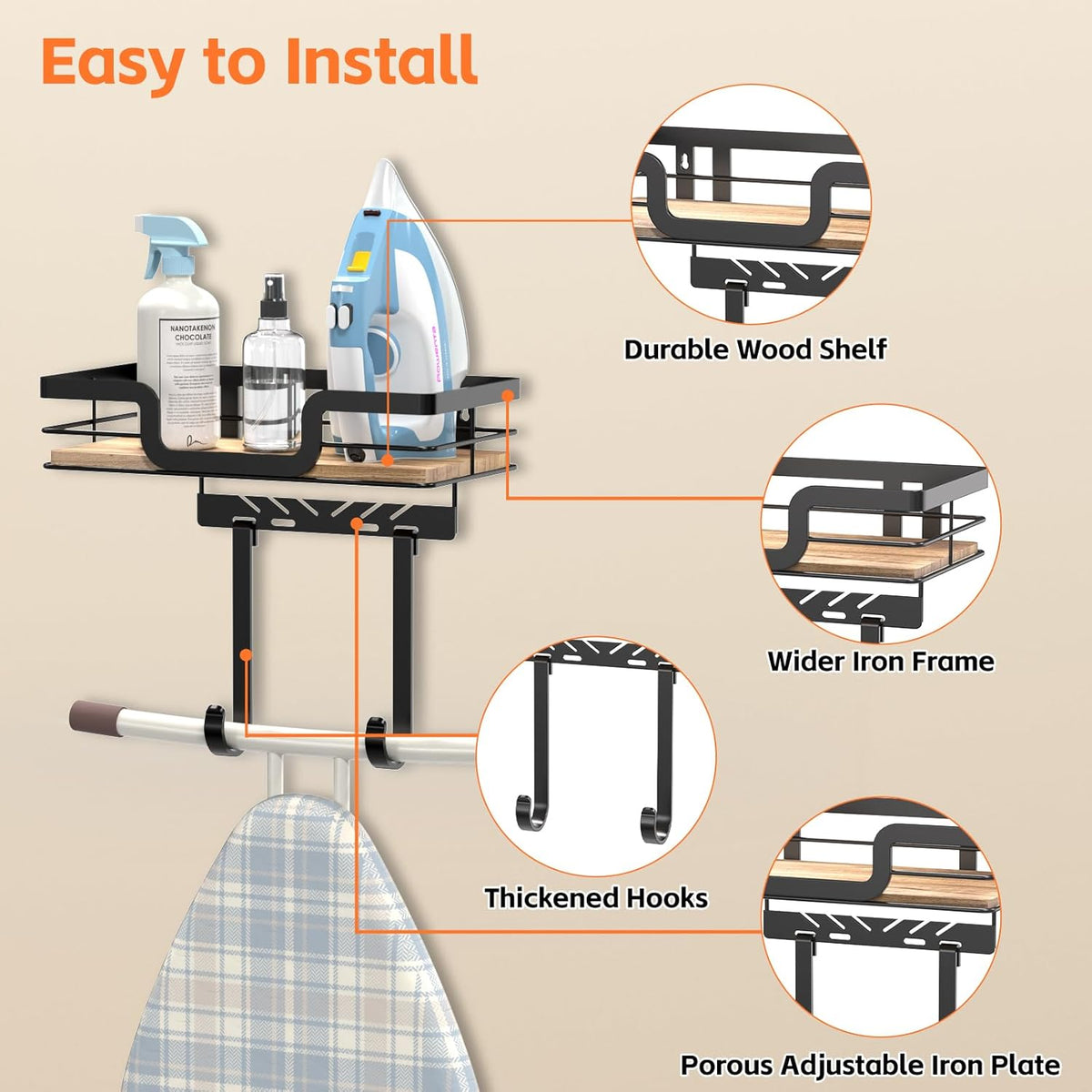 Ironing Board Holder Wall Mount, Laundry Room Organization Storage, Black, T&V Shaped Space Saving