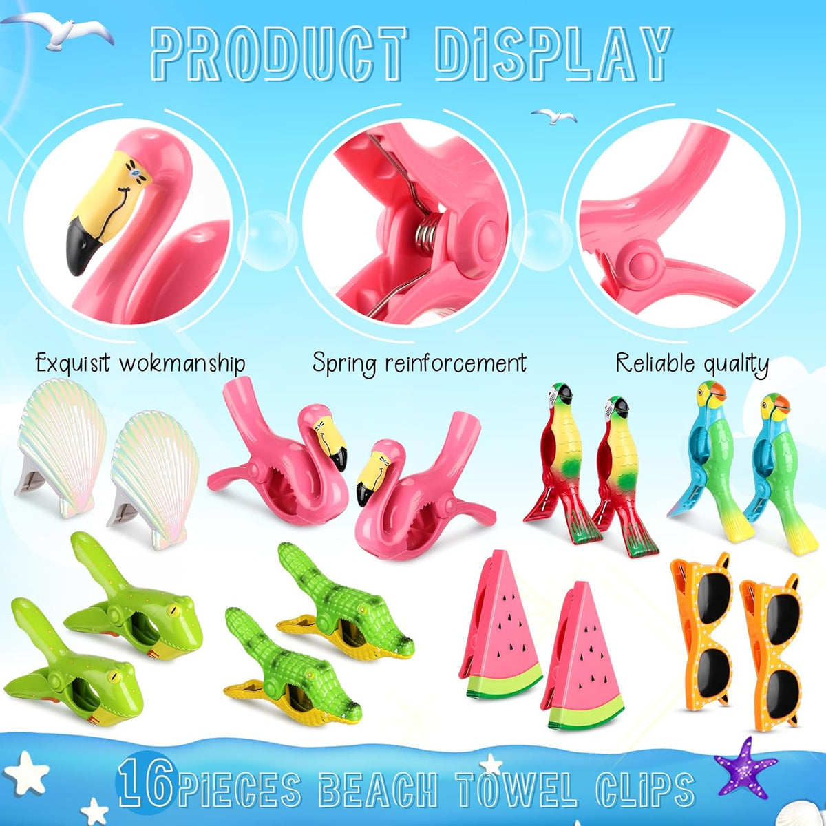 Rtteri 16 Pcs Beach Towel Clips for Beach Chairs Cute Towel Holder Cruise Clothes Pins for Lounge