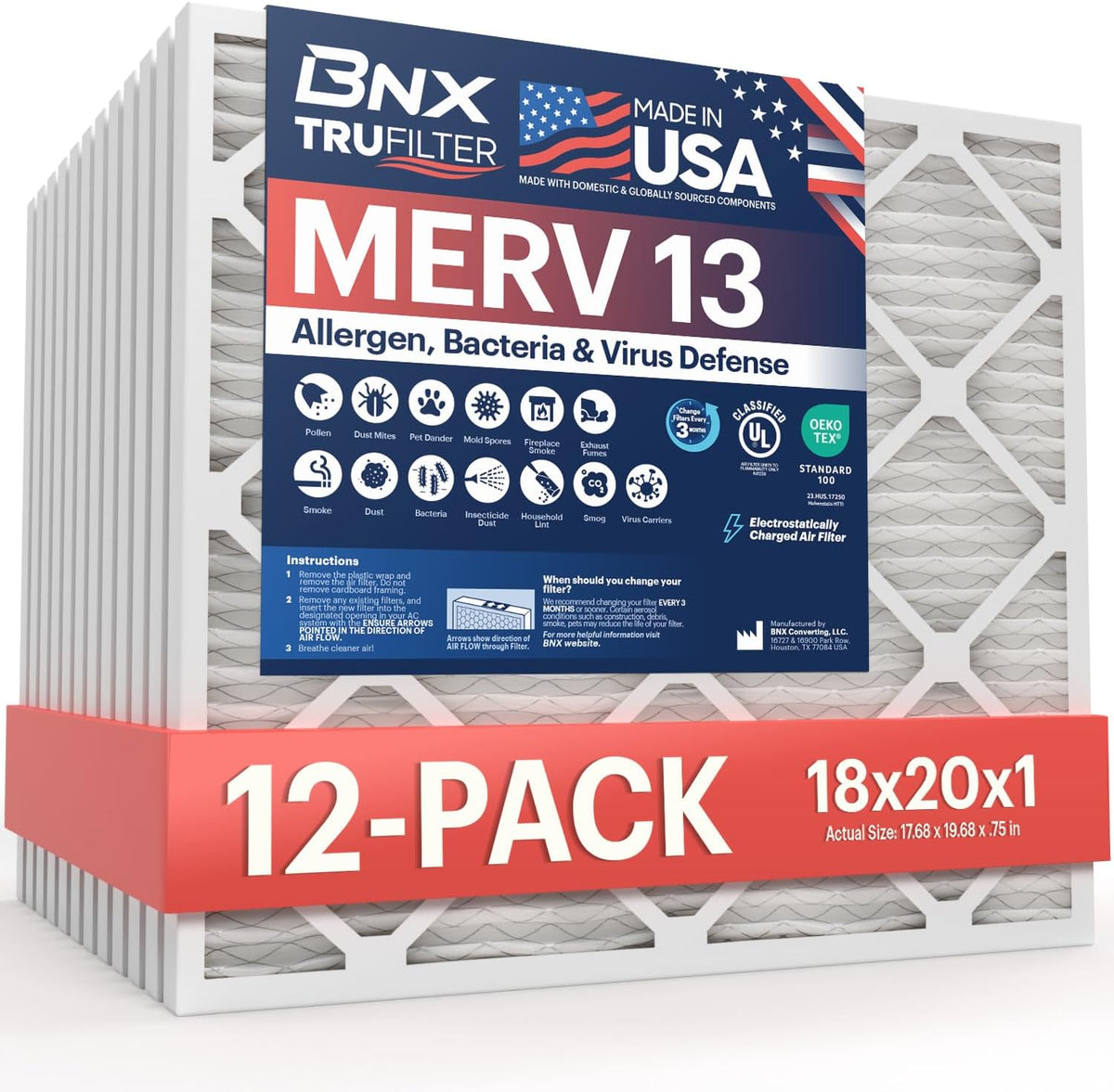 BNX TruFilter 18x20x1 Air Filter MERV 13 (12-Pack) - MADE IN USA - Electrostatic Pleated Air