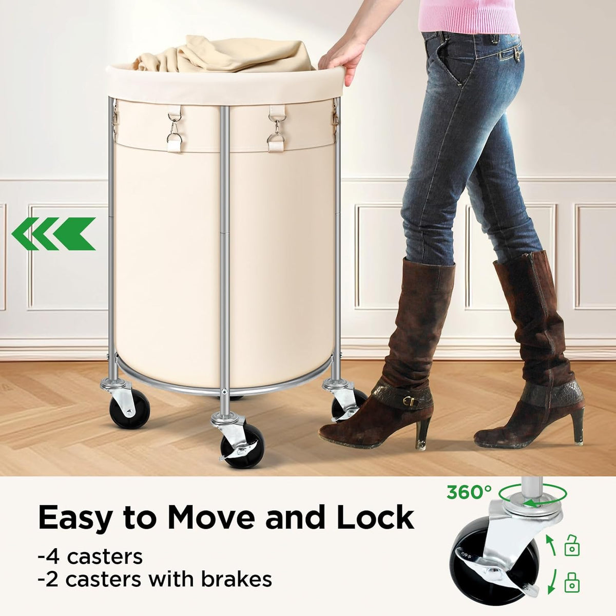 Laundry Hamper with Wheels, 100L Round Rolling Laundry Basket Sorter with Removable Bag, Clothes