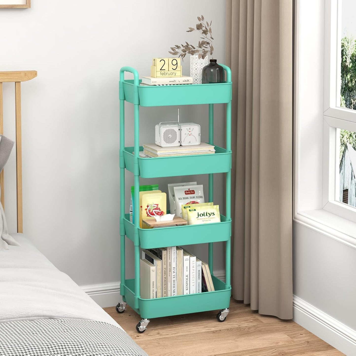 Sywhitta 4-Tier Plastic Rolling Utility Cart with Handle, Multi-Functional Storage Trolley for